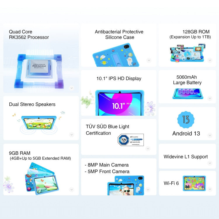 تابلت Doogee U10 للأطفال، واي فاي، ذاكرة وصول عشوائي 4 جيجابايت + ذاكرة وصول عشوائي 128 جيجابايت، شاشة عالية الدقة 10.1 بوصة
