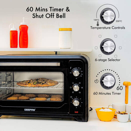 Geepas 2000W 42L Electric Oven, Rotisserie, 6-Stage Heating, Black GO4450