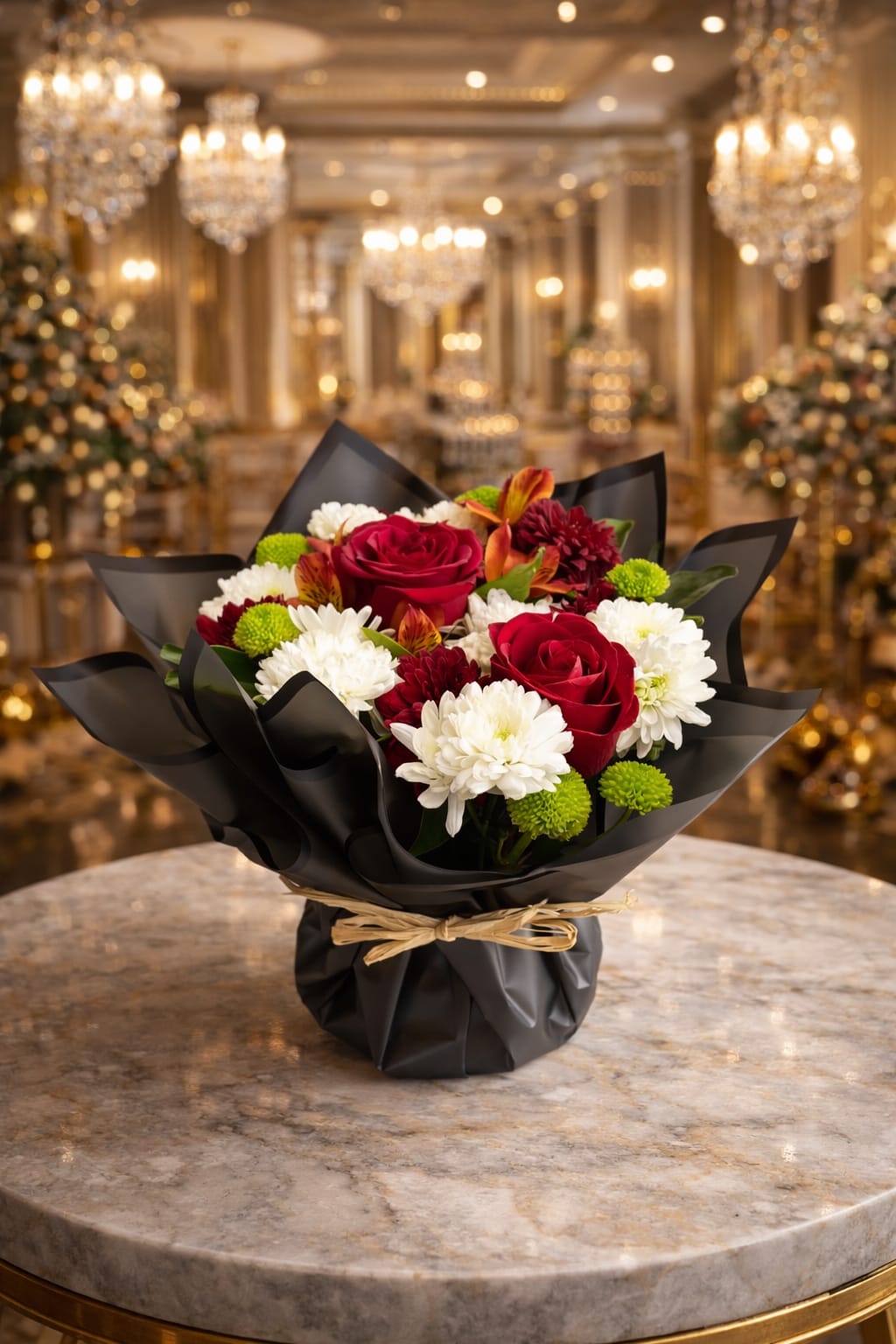 Rose and paper flower base 14 - elegant bouquet with red roses, white chrysanthemums and green button mums wrapped in black paper