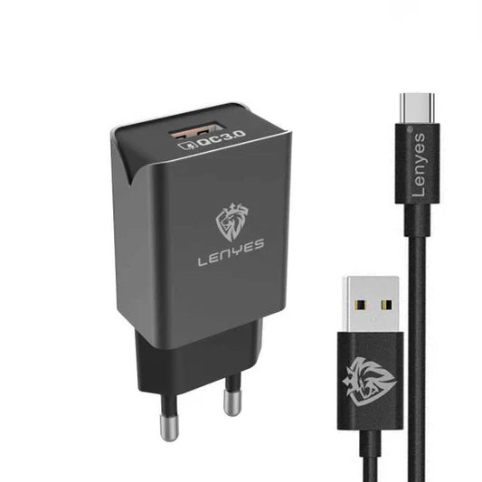 Lenyes LCH086-1QC – شاحن حائط سريع مع كابل Type-C (أسود)