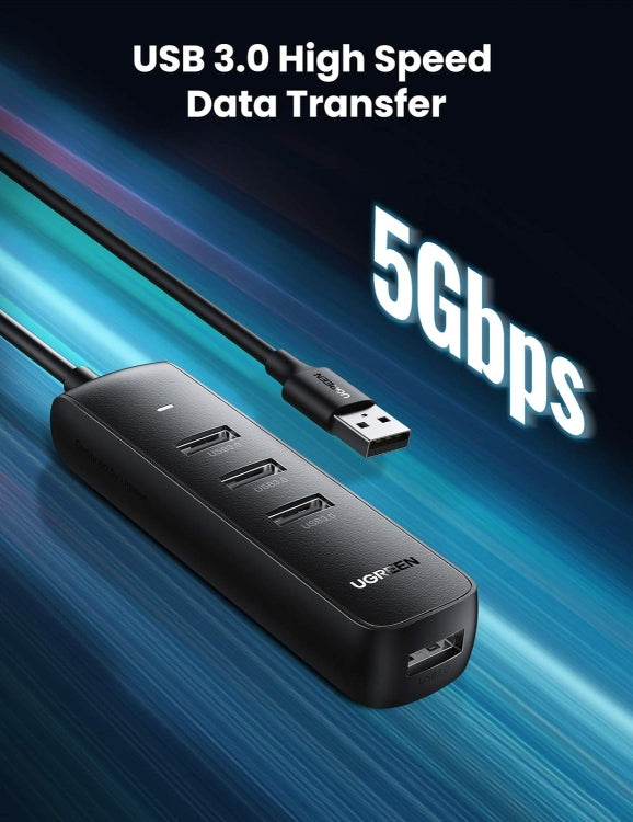 يوجرين USB Hub 4 منافذ بسرعة 5Gbps وكابل 1 متر - أسود