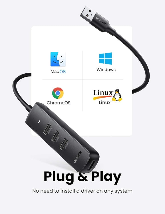 يوجرين USB Hub 4 منافذ بسرعة 5Gbps وكابل 1 متر - أسود