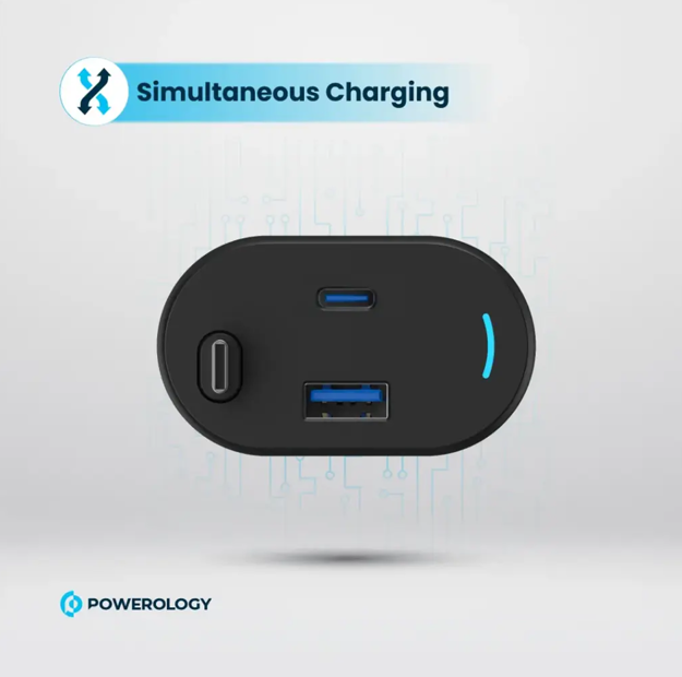 شاحن سيارة Powerology مزدوج المنافذ 65W مع كابل قابل للسحب - أسود