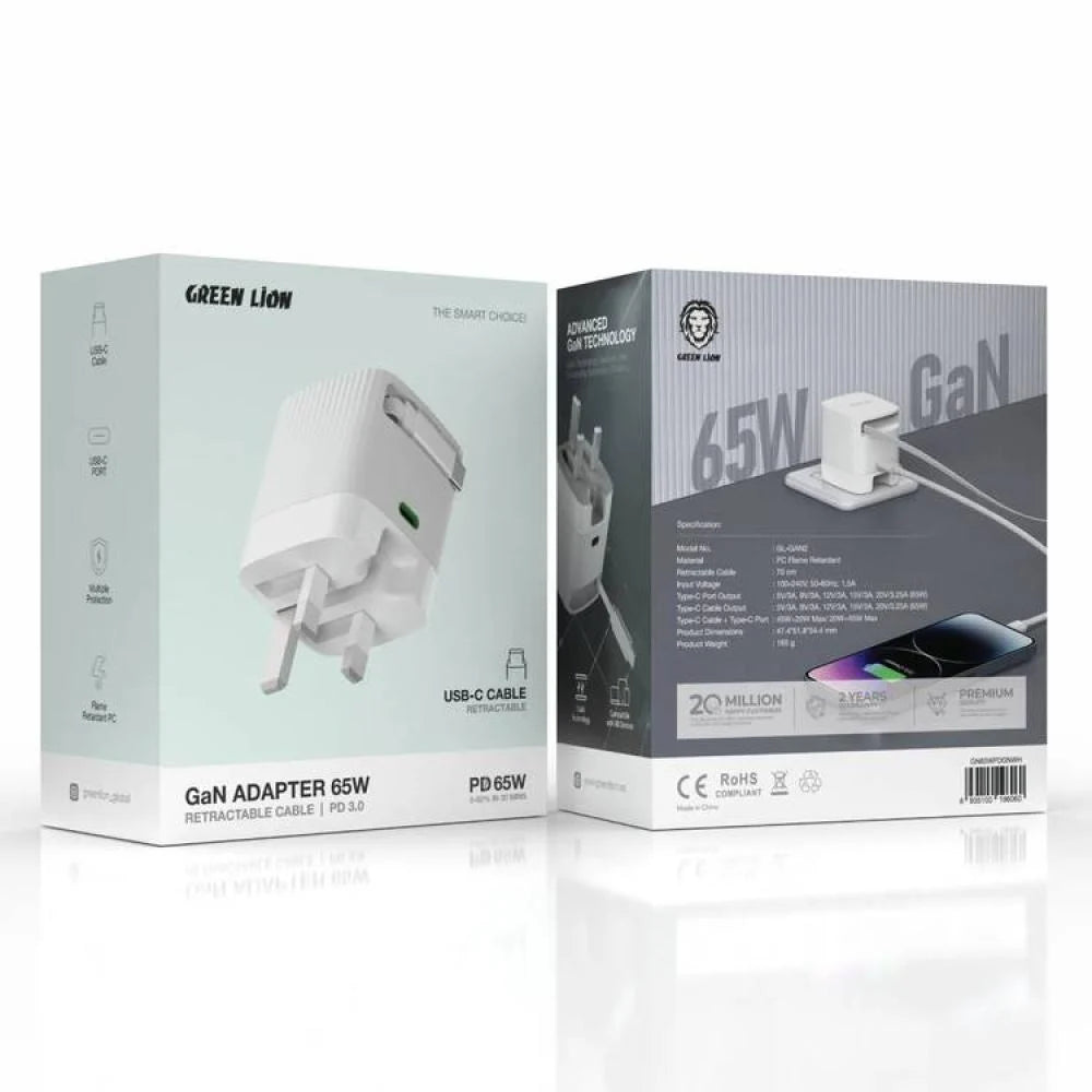 شاحن Green Lion GaN 65W بكابل USB-C قابل للسحب – سريع وآمن