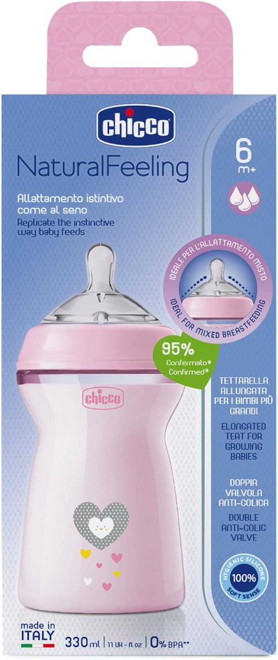 Chicco Natural Feeling Bottle 330ml Fast Flow 6M+ - Pink