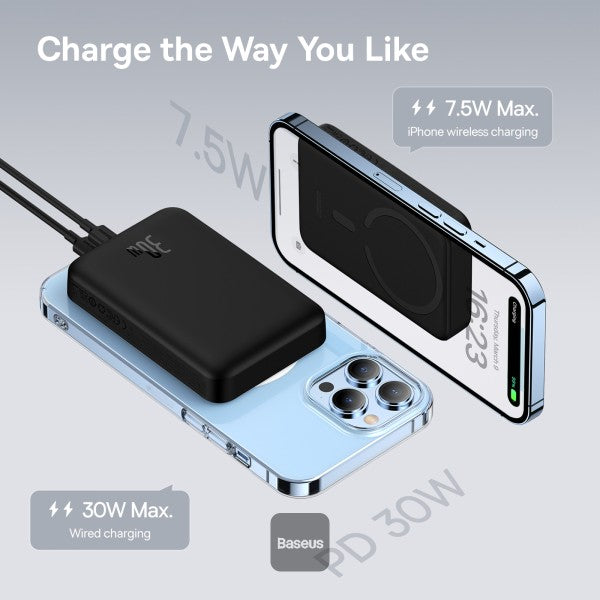 باور بانك مغناطيسي صغير لاسلكي سريع الشحن من باسيوس بسعة 10000 مللي أمبير في الساعة 30 وات