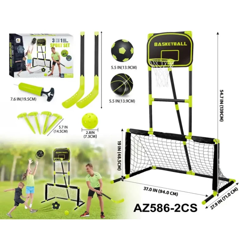 مجموعة Aojie Sport 3 في 1 – كرة سلة، كرة قدم وهوكي للأطفال