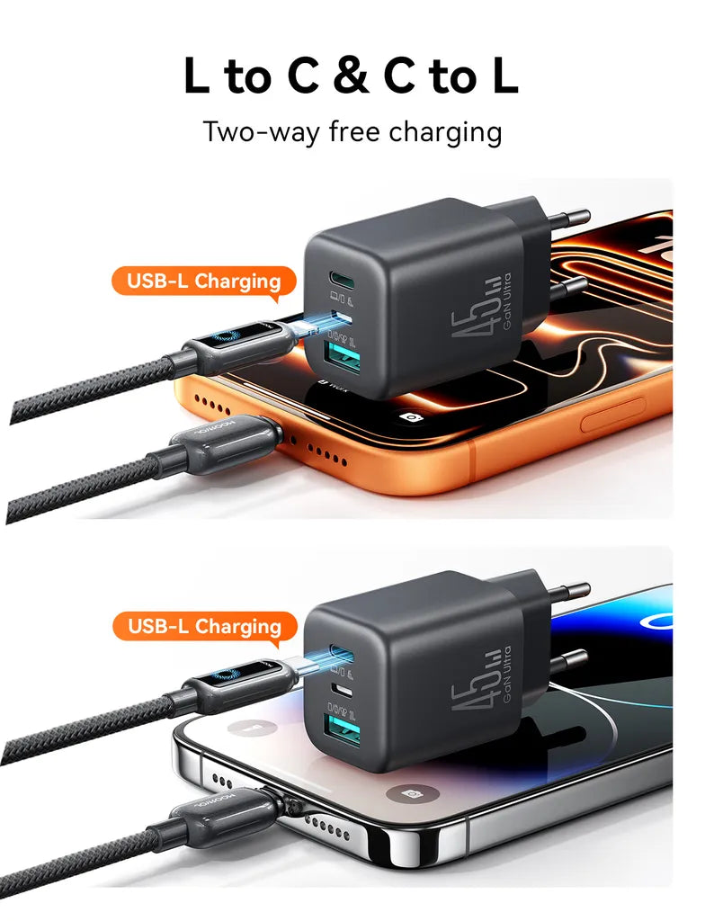 شاحن Joyroom JR‑TO1 GaN 45W 3 منافذ – USB‑C & USB‑A