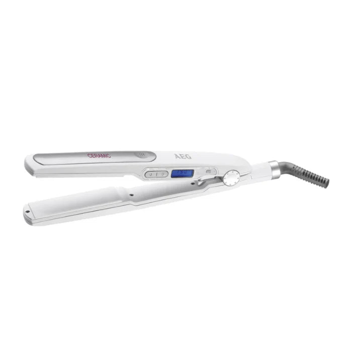 AEG Ceramic Hair Straightener HC 5585 – 16-Stage Temperature Control 50–200°C, LCD Display & Auto Shut-Off | White