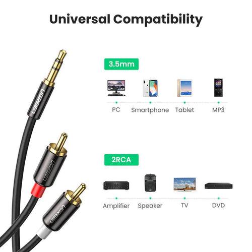 يوجرين كابل 3.5 مم ذكر إلى 2 RCA ذكر، 3متر أسود AV116. 10590
