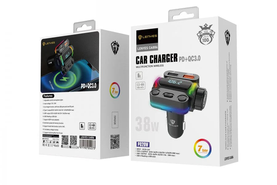 Lenyes CA886 شاحن سيارة لاسلكي سريع 38 واط – أسود
