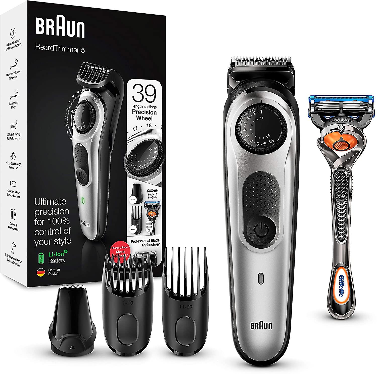Braun Beard Trimmer: 39 Length Settings, Hair Clippers, Gillette Fusion5 - Silver