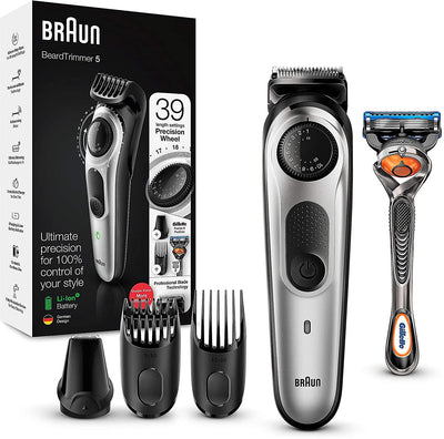 Braun Beard Trimmer: 39 Length Settings, Hair Clippers, Gillette Fusion5 - Silver