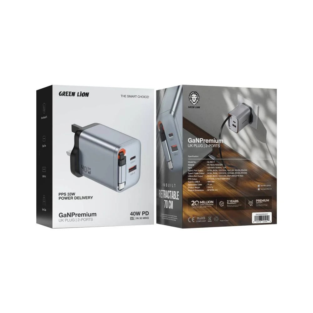Green Lion 40W GaN UK Wall Charger + Type-C Cable – Gray