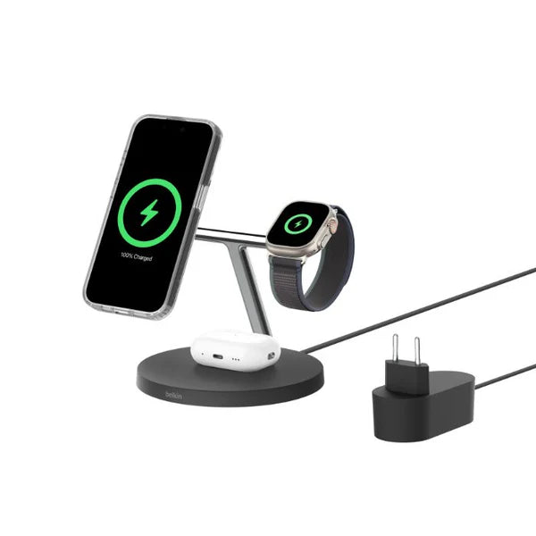 قاعدة شحن Belkin BoostCharge 3 في 1 مع شاحن Qi2 MagSafe WIZ032kqBK