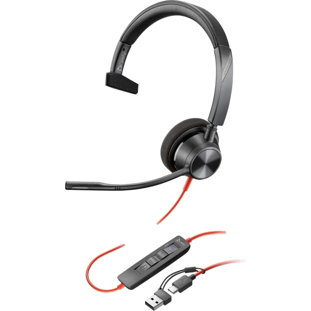 Poly Blackwire 3310 Mono USB-C Headset – Noise-Canceling Mic, SoundGuard, USB-C/A Adapter