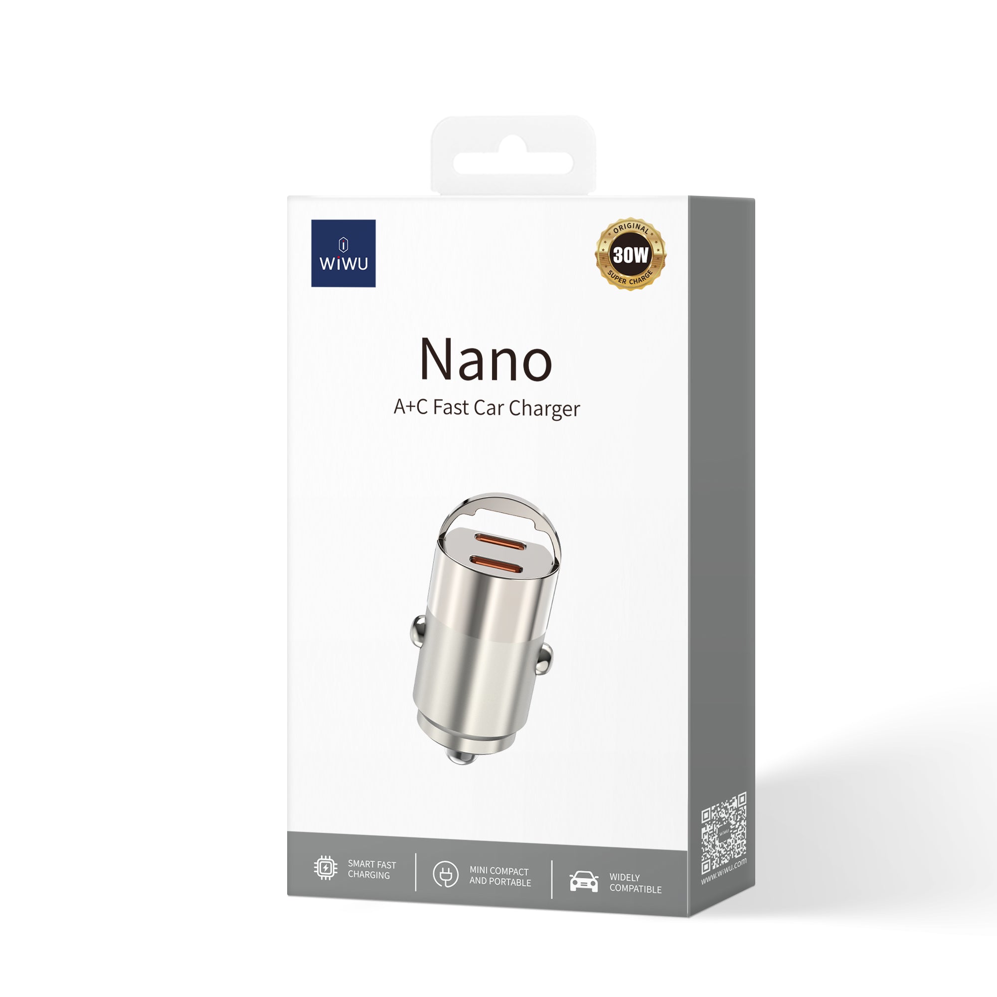 WIWU Nano Dual C 30W Fast Car Charger Compact & Powerful - Titanium
