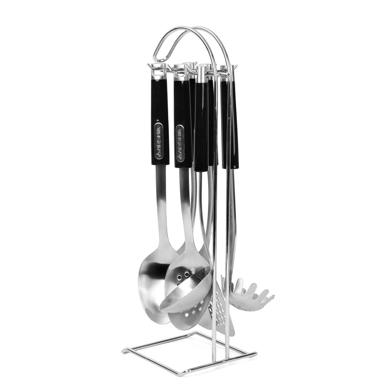 Arshia 7-Piece Stainless Steel Kitchen Utensil Set – Chrome Finish, Non-Slip Handles & Elegant Holder