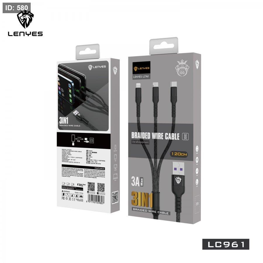Lenyes LC961 – 3-in-1 Fast Charging Cable (USB-C + Lightning + Micro)