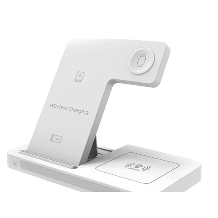 White wireless charging stand with smartphone and tablet slots on a white background