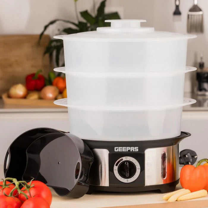Geepas Food Steamer 12L Capacity 3 Transparent Tiers 1000W