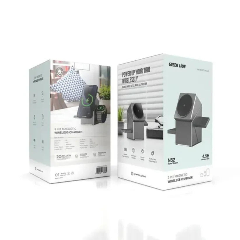 Green Lion 3-in-1 Wireless Charger – Power Trio, Gray