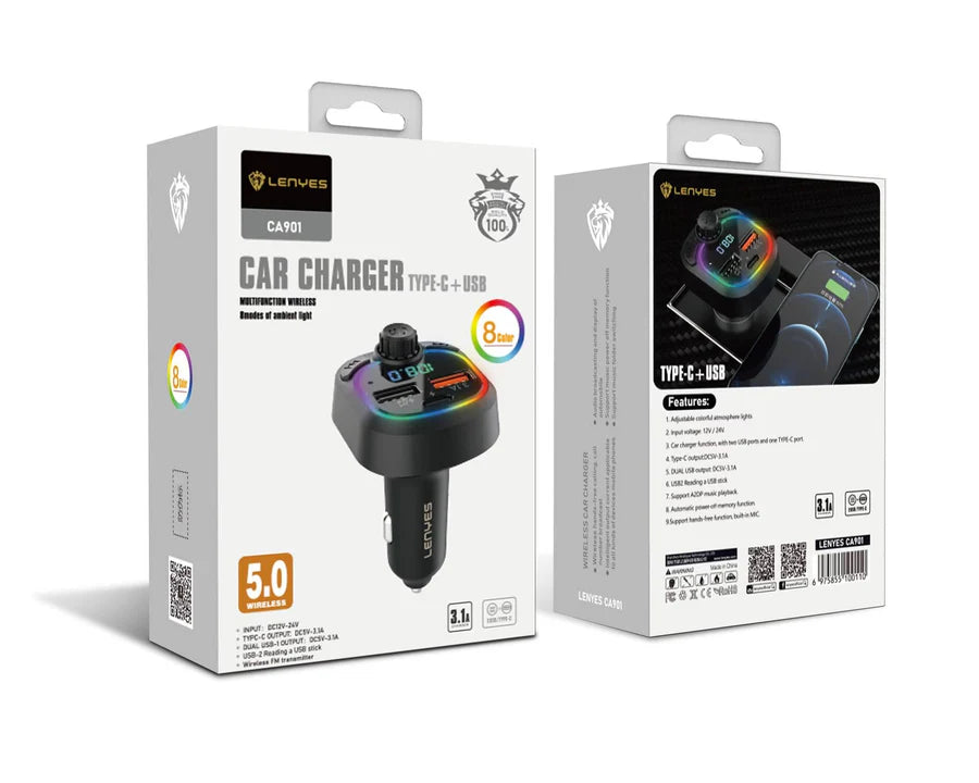 Lenyes CA901 شاحن سيارة سريع مزدوج USB + Type-C – أسود