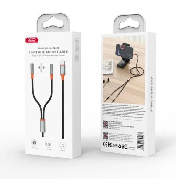 XO NB-R269 USB-C to Dual 3.5mm Female Jack Cable 1.2M Black