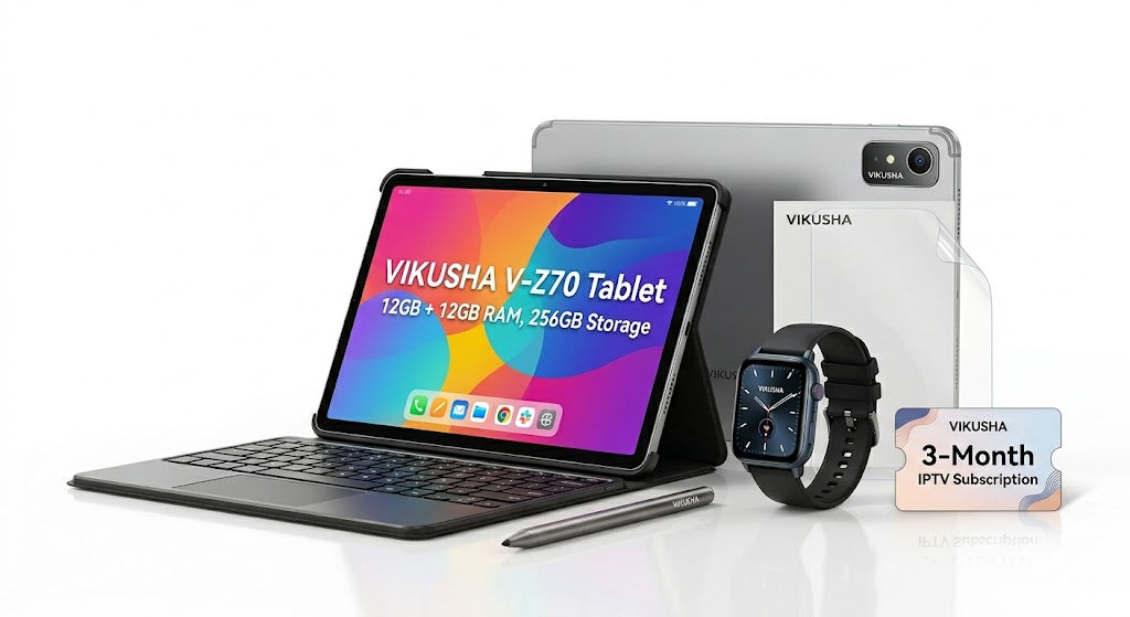 VIKUSHA V-Z70 Tablet with 12GB + 12GB RAM, 256GB Storage Bundle: VIKUSHA V-70 Watch, Screen Protector, Active Stylus Pen, Holster Keyboard & Cover, 3-Month IPTV Subscription