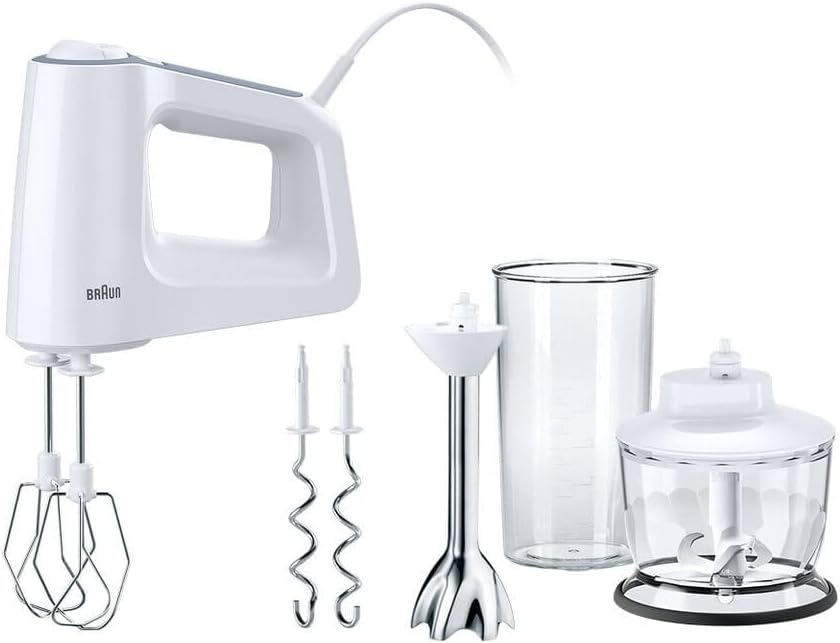 Braun MultiMix 3 Hand Mixer 500W 5 Speeds & Turbo with Whisks & Dough Hooks – White (HM3137WH)