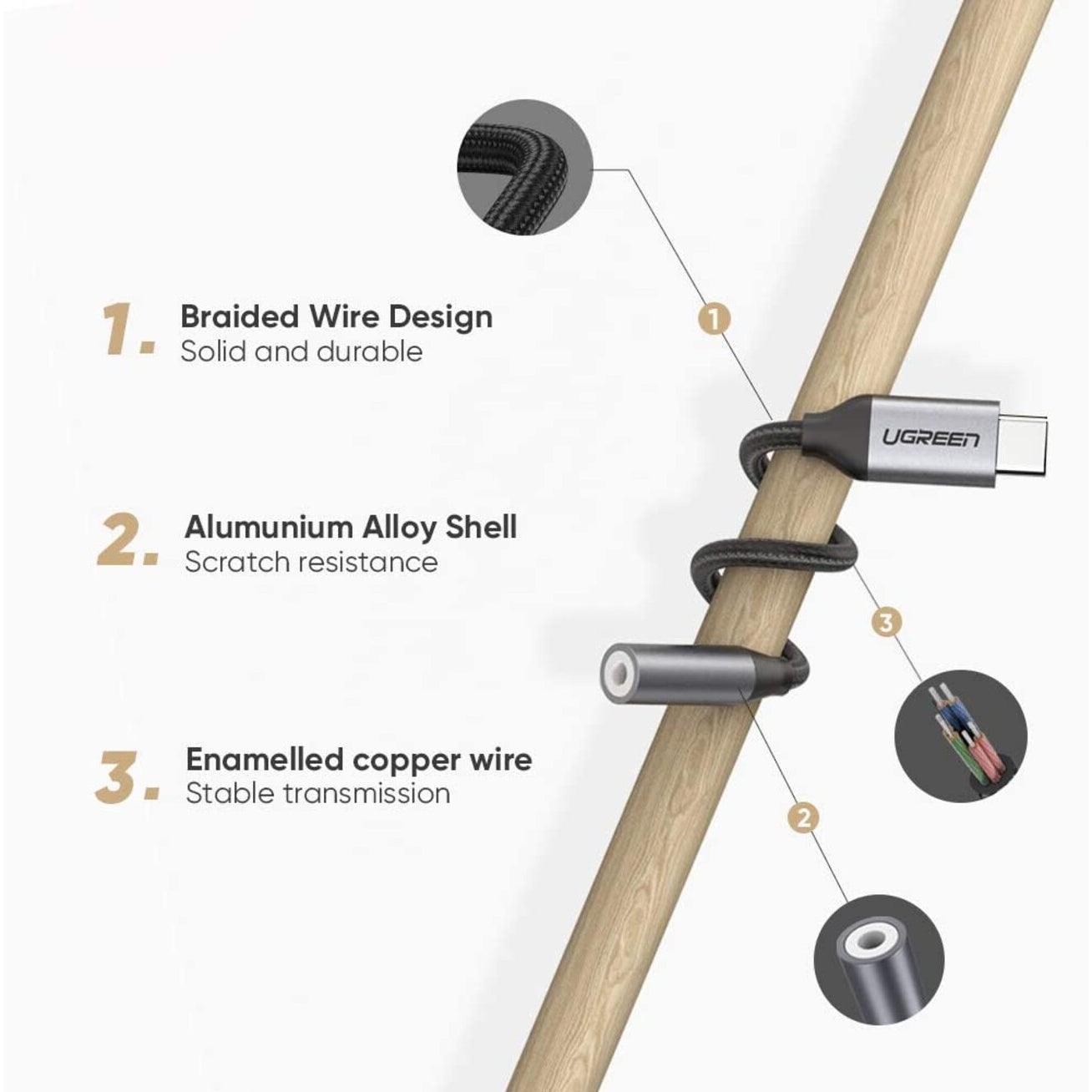 كبل يوجرين USB-C إلى 3.5 ملم طول 10 سم، بغلاف ألومنيوم