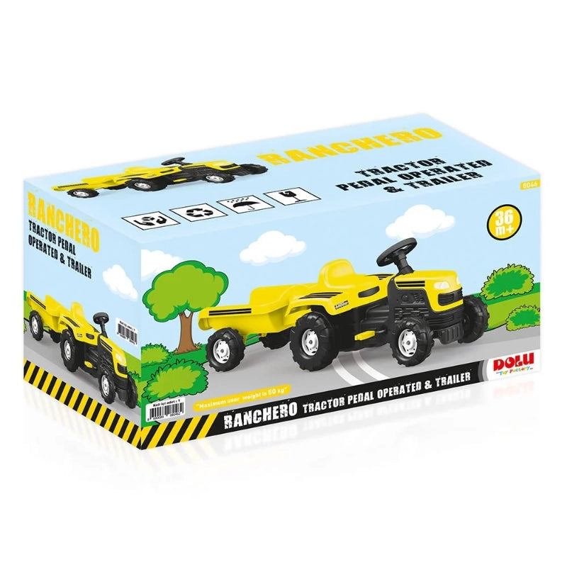 Dolu Ranchero Pedal Operated Tractor & Trailer – Yellow | Kids Ride-On