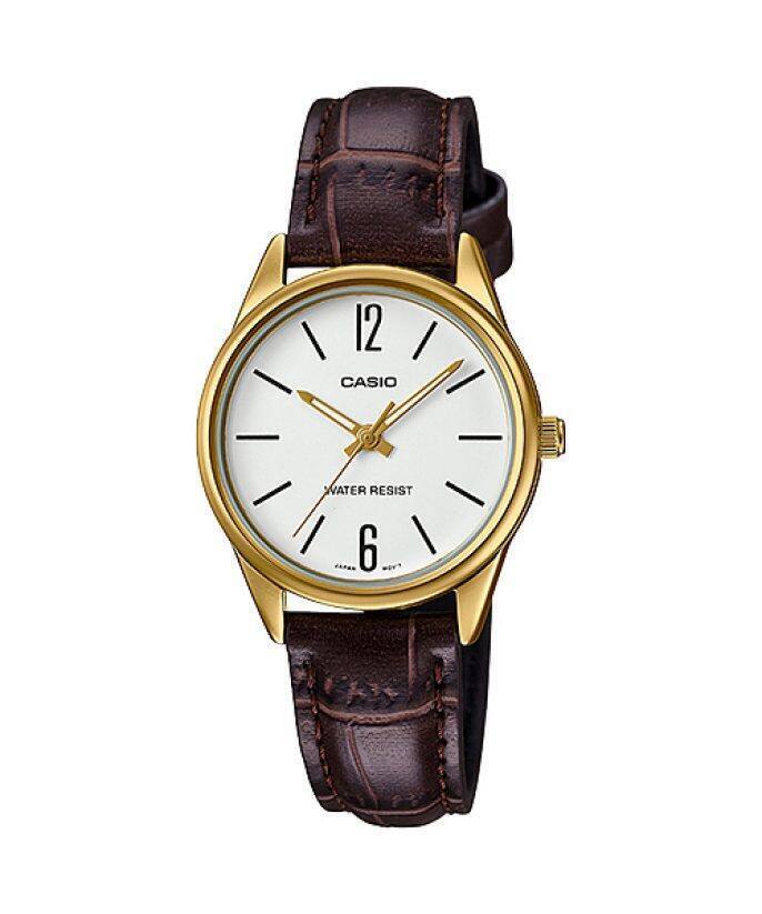 Casio Simple Brown Leather White Dial For Women LTP-V005GL-7B