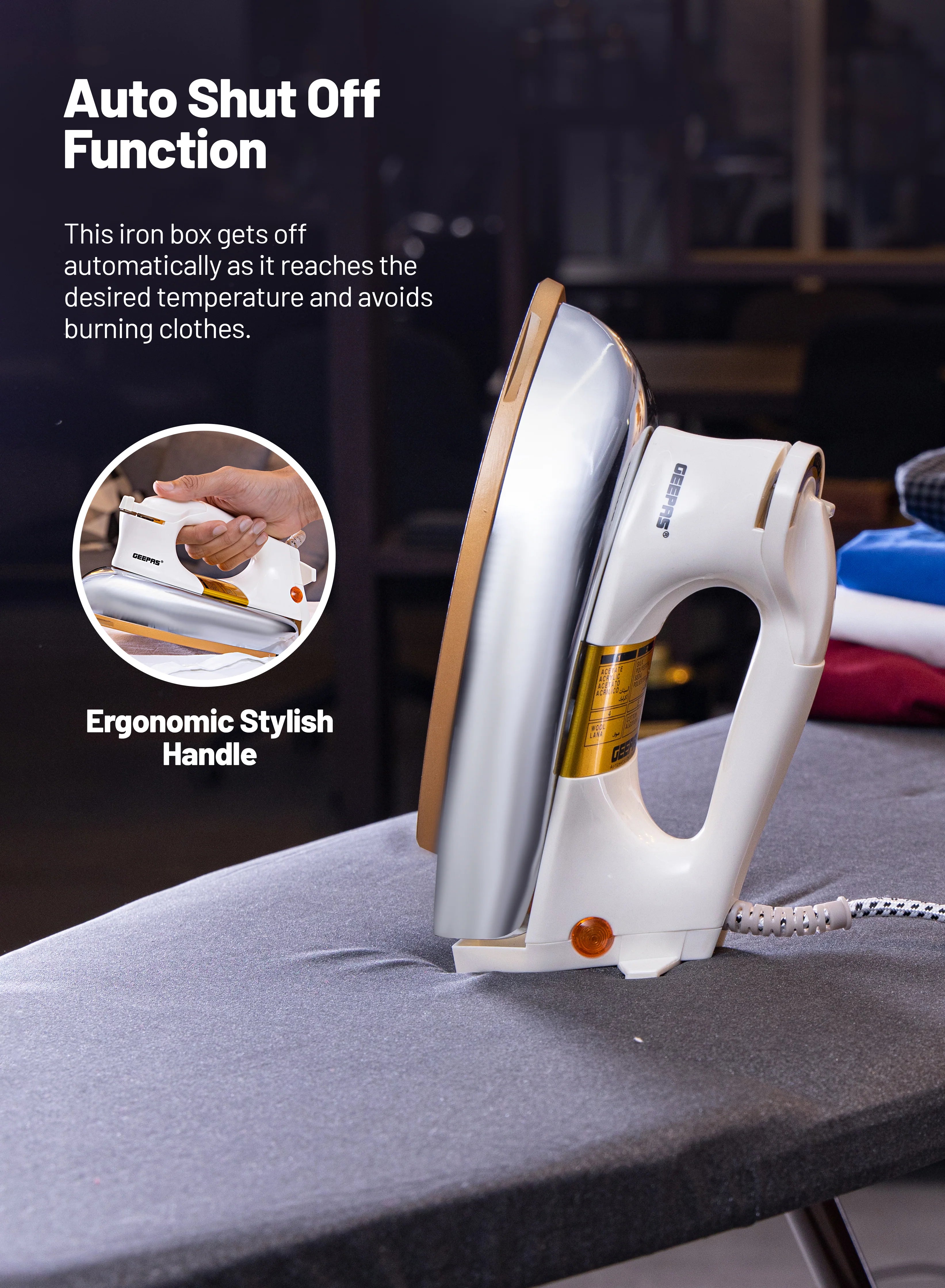 مكواة جافة ثقيلة الوزن من جيباس، ١٢٠٠ وات قاعدة تيفلون غير لاصقة