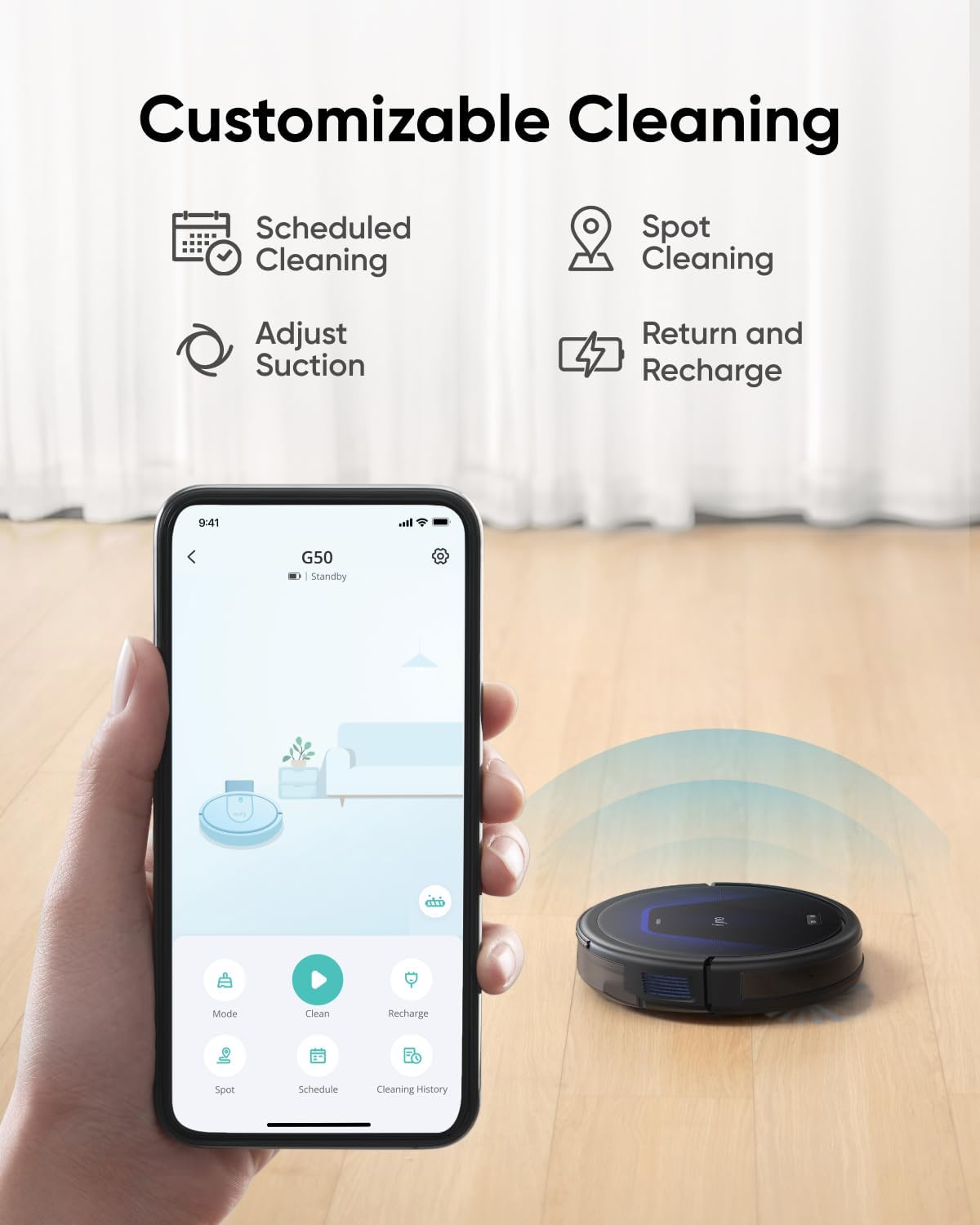 مكنسة كهربائية روبوتية eufy G50 - 4000 باسكال، مضادة للتشابك، هادئة وذكية