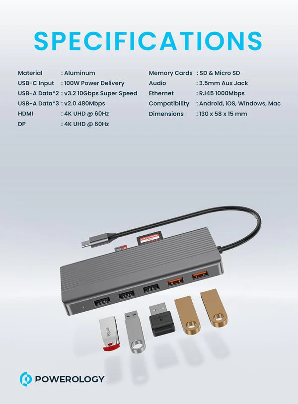Powerology USB-C موزع 12 في 1 - أداء واتصال فائقين