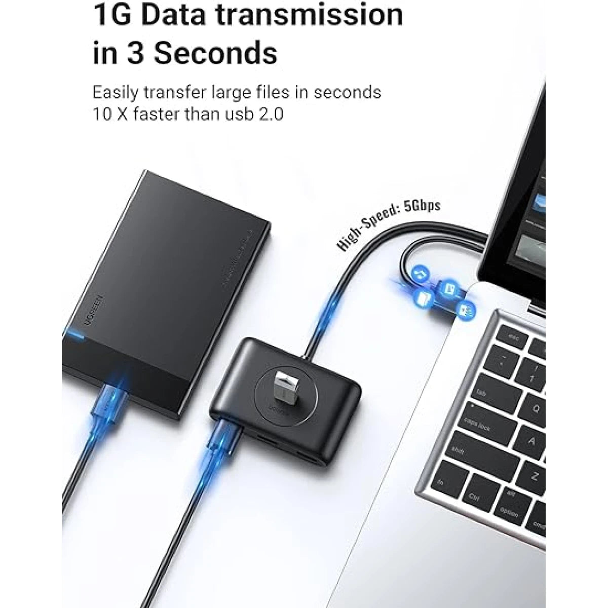 يوجرين USB 3.0 Hub بـ4 منافذ وكابل 1 متر بسرعة 5Gbps