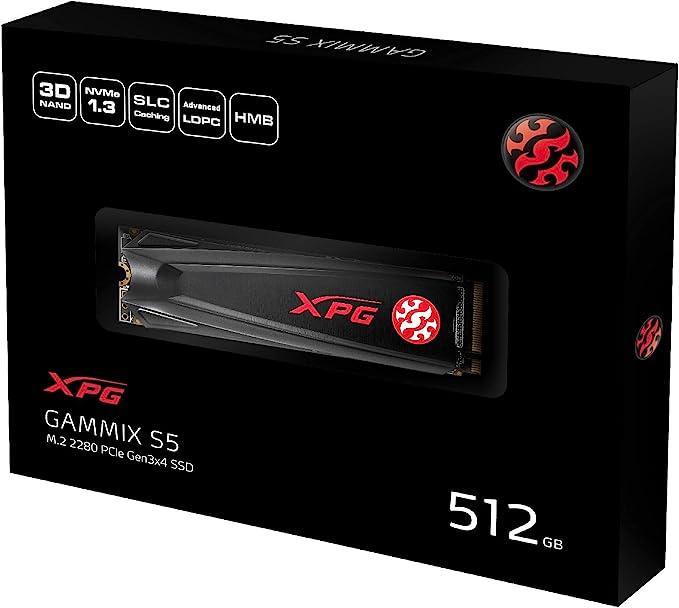 وحدة تخزين XPG Gammix S5 SSD بسعة 512 جيجابايت PCIe 3D NAND PCIe Gen3x4 M.2 2280 NVMe 1.3 قراءة وكتابة حتى 2100/1500 ميجابايت/ثانية (AGAMMIXS5-512GT-C)