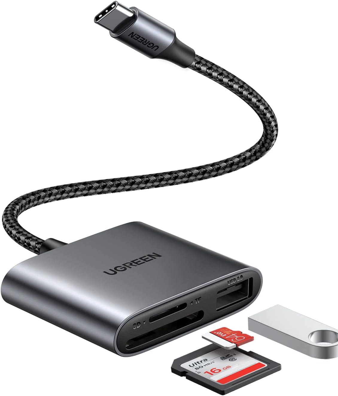 UGREEN قارئ كروت USB-C 3 في 1 بمدخل USB وذاكرة مزدوجة