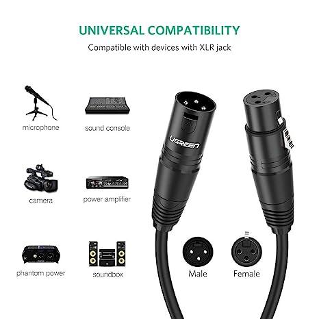 يوجرين كابل تمديد ميكروفون XLR، 2م - أسود