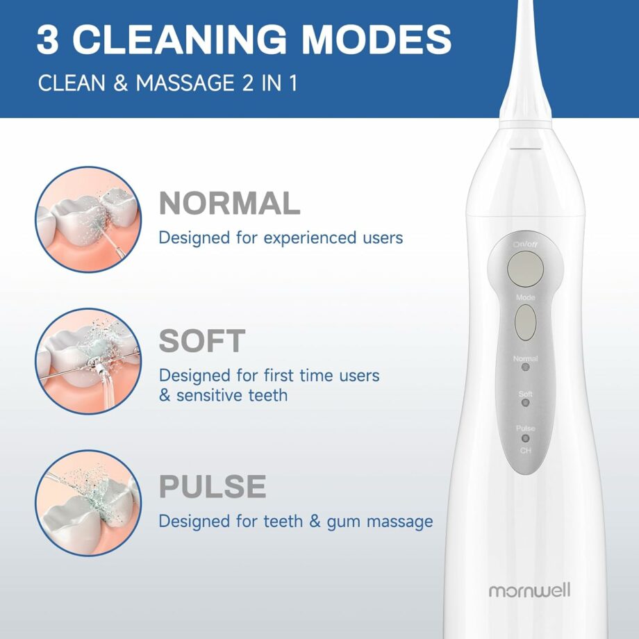 Mornwell Portable 3 Modes 4 Jet Tips IPX7 Waterproof Water Flosser – White