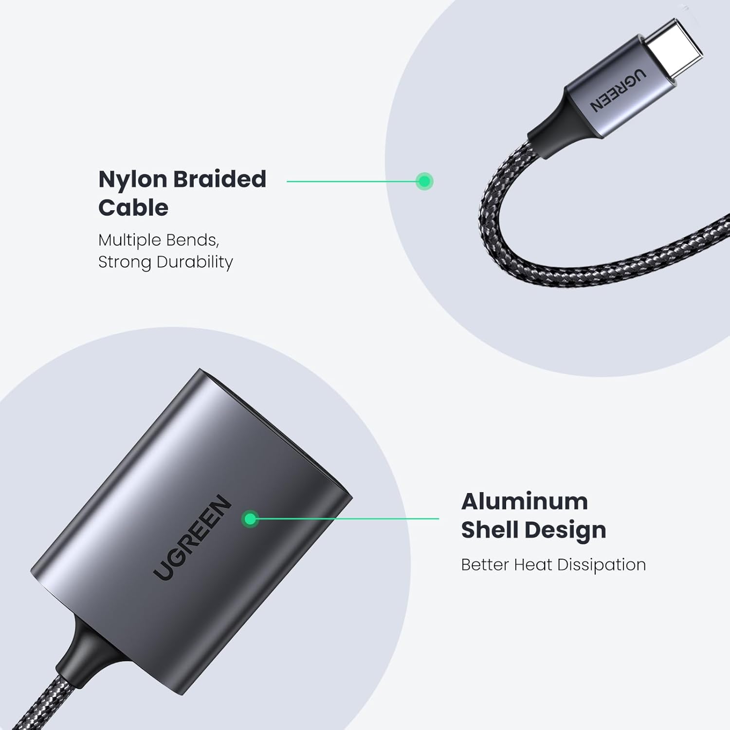 UGREEN قارئ كروت USB-C مزدوج – يدعم SD وMicroSD بسرعة 5Gbps