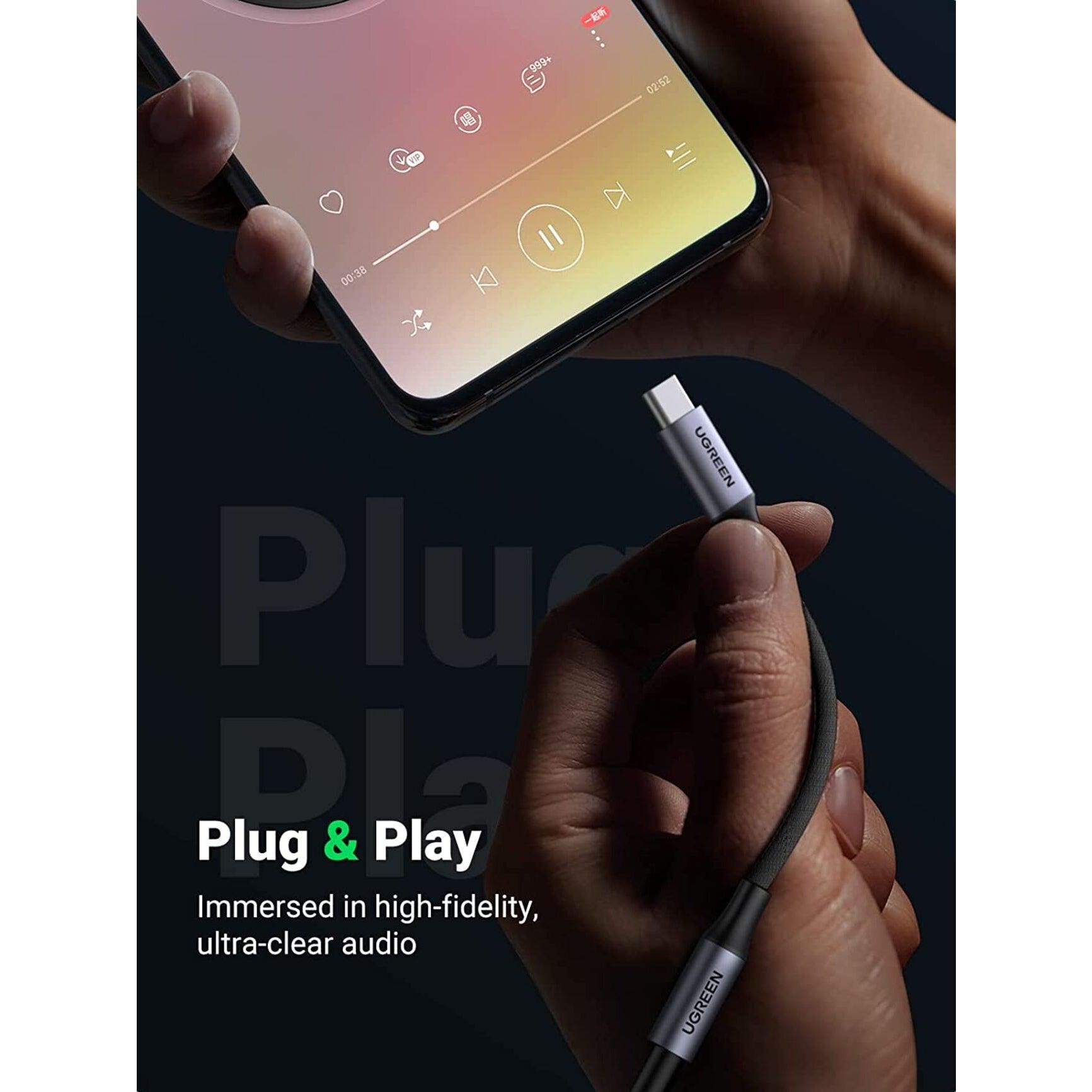 كبل يوجرين USB-C إلى 3.5 ملم طول 10 سم، بغلاف ألومنيوم