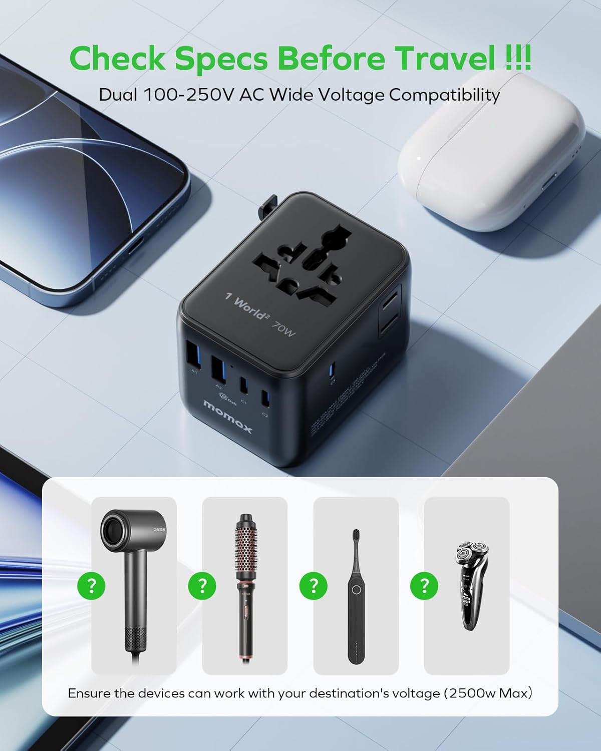 MOMAX GaN 70W 7-in-1 Travel Adapter – USB-C PD 200+ Countries