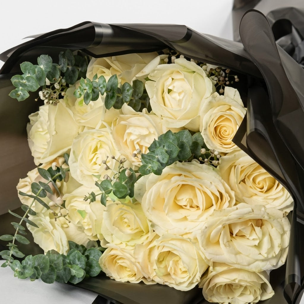 10 White Roses Bouquet — Elegant Black Wrap