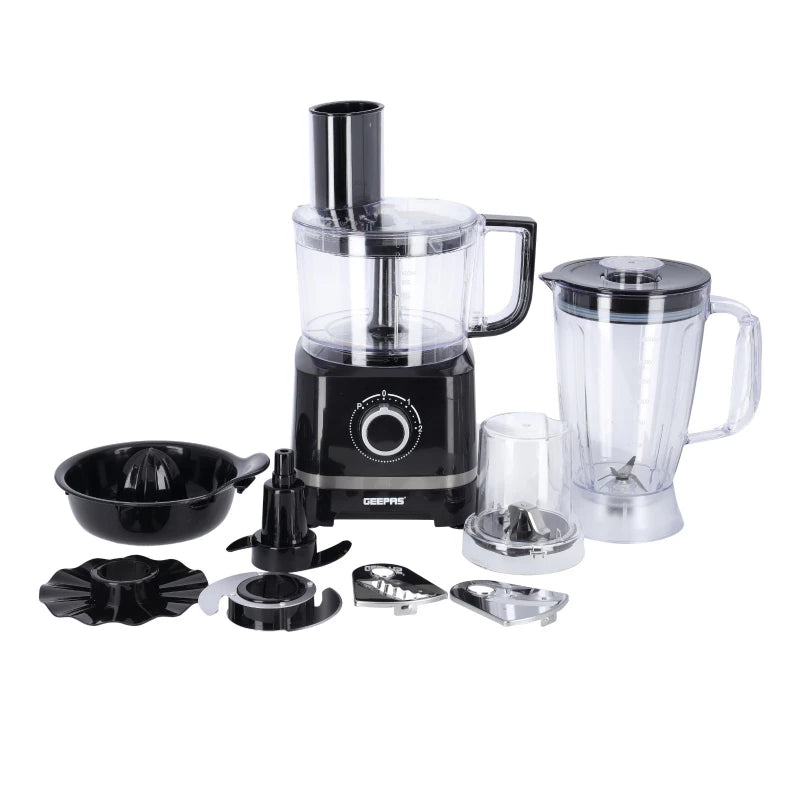 Geepas GSB5487 10-in-1 Food Processor – 800W, Stainless Steel, Blender, Slicer, Juicer & More | Black