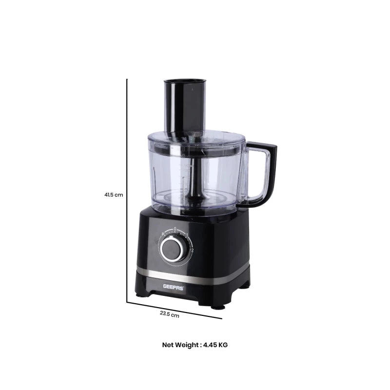 Geepas GSB5487 10-in-1 Food Processor – 800W, Stainless Steel, Blender, Slicer, Juicer & More | Black