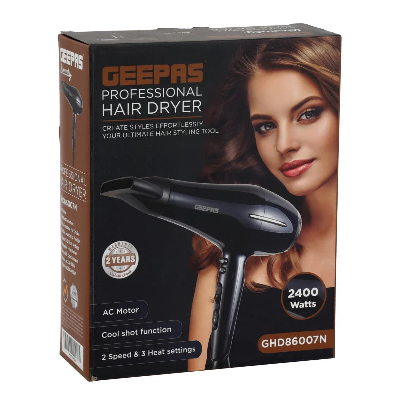 Geepas GHD86007 Professional Hair Dryer – 2400W, 2 Speed & 3 Heat Settings, Cool Shot | Black