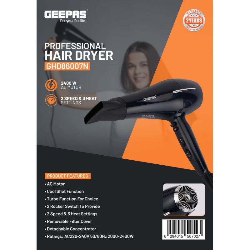 Geepas GHD86007 Professional Hair Dryer – 2400W, 2 Speed & 3 Heat Settings, Cool Shot | Black