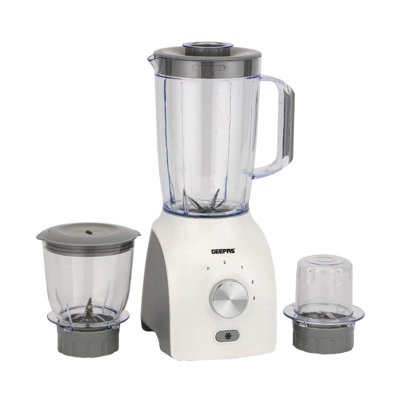 Geepas GSB44034N 3-in-1 Blender – 600W, 3 Speed & Pulse, Grinder & Chopper Attachments | White & Grey